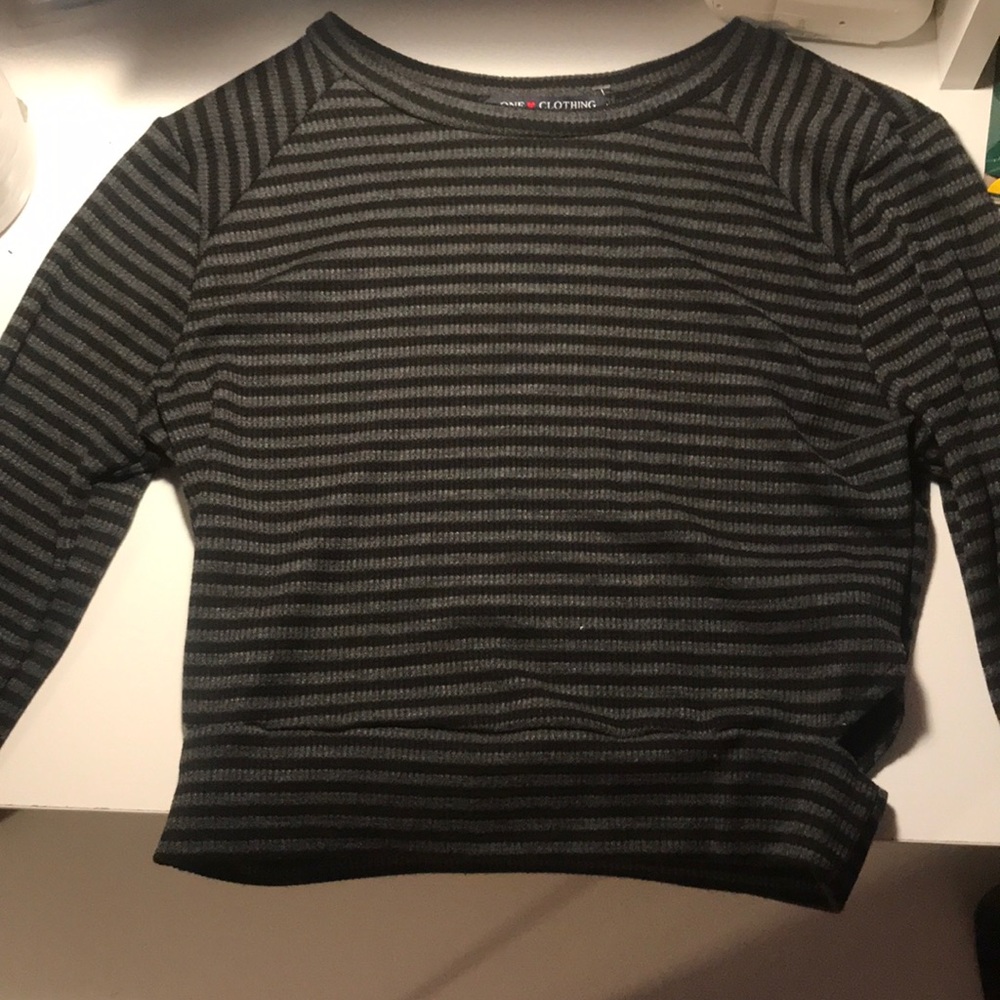 Black and Grey Striped Long Sleeve Crop Top
